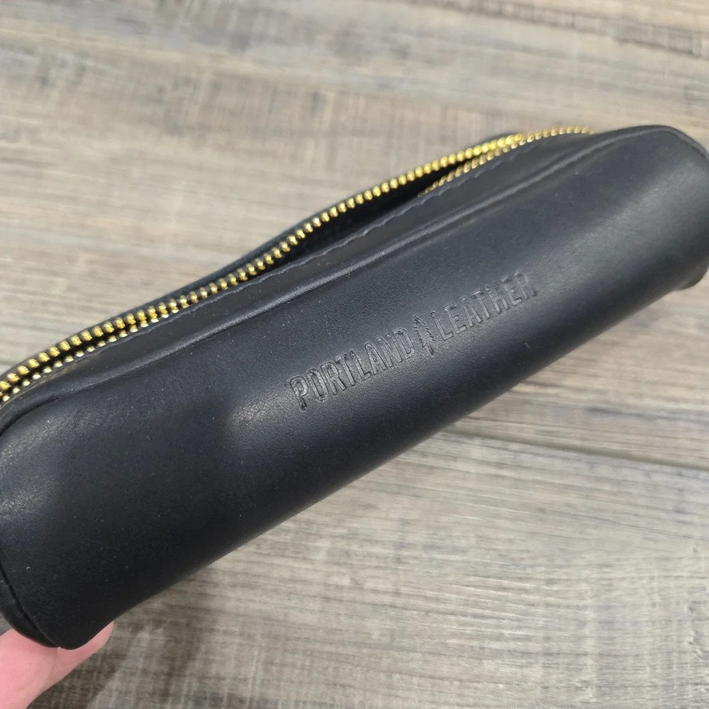 Portland Leather Goods Black Leather Pencil Case Gold Zipper Pouch Accessory